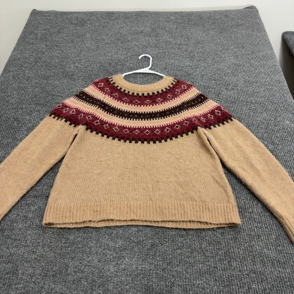 Madewell‎ Sweater Womens M Tan Alpaca Merino Wool Fair Isle Crewneck Boho Cozy